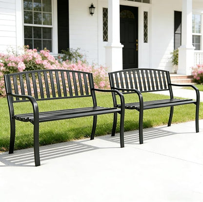 YLGJ&TIDY 50 Inches Garden Benches for Outdoor Patio Bench with Stripe Pattern Backrest Armrest Weatherproof Park Benches Metal Bench for Garden Park Porch Lawn Yard (BENCH08 2PCS)