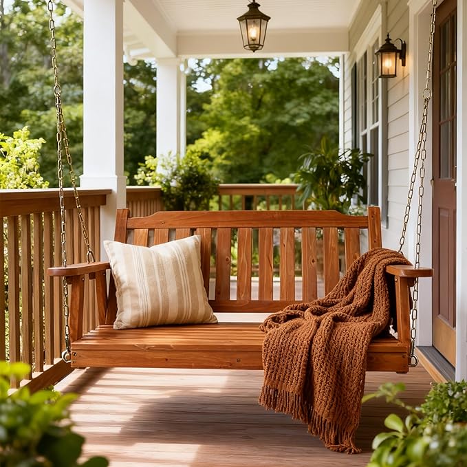 Wooden Porch Swing 2-Seater, Bench Swing with Hanging Chains, Heavy Duty 800 LBS, for Outdoor Patio Garden Yard - Photo 2