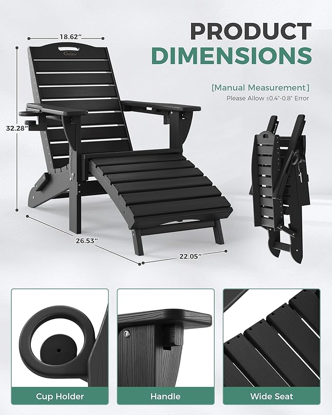 Folding Adirondack Chair with Retractable Ottoman Weather Resistant Fire Pit Chair Patio Chair with 2 Cup Holder Lawn Outdoor Lounge Chair (Black)