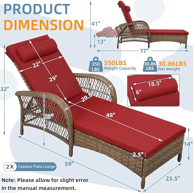 Outdoor Chaise Lounge Chair Set of 2, PE Wicker Recliner Patio Reclining Sunbathing Chair with Cushion - Photo 2