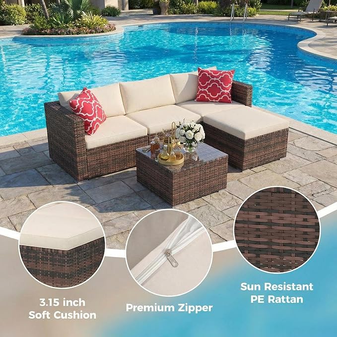 5-Piece Patio Sectional Sofa Set, All-Weather Brown PE Rattan Outdoor Conversation Furniture with Neutral-Tone Cushions - Photo 3