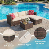 5-Piece Patio Sectional Sofa Set, All-Weather Brown PE Rattan Outdoor Conversation Furniture with Neutral-Tone Cushions - Photo 3