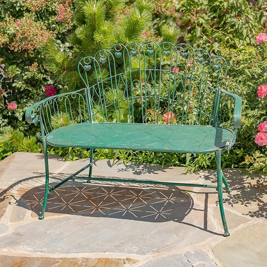 Zaer Ltd. Vintage Style Metal Patio Furniture with Heart Design Accents, Outdoor/Indoor Decor (Antique Green, Set of 3 (Bench, Table, Chair))