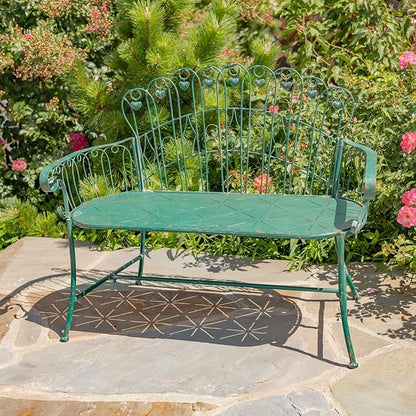 Zaer Ltd. Vintage Style Metal Patio Furniture with Heart Design Accents, Outdoor/Indoor Decor (Antique Green, Garden Bench)