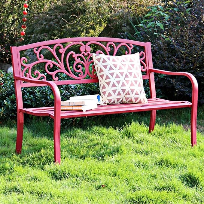Outdoor Bench, 50" Metal Garden Bench Patio Porch Furniture with Backrest and Armrests, for Balcony, Yard, Garden, Weatherproof(Pink)