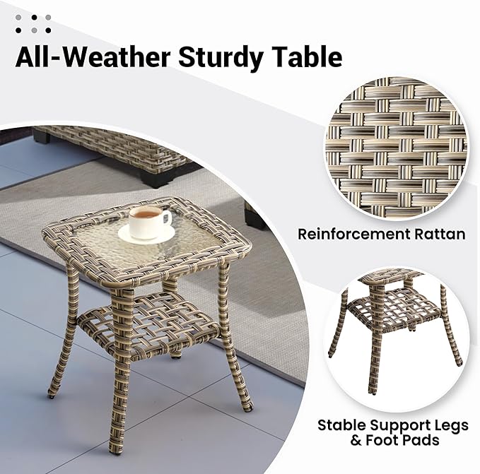 ovios Outdoor Side Table with Tempered Glass Top, Patio Wicker Rattan Bistro Coffee Tables with 2 Tiers Storage for Porch Deck Balcony Garden Poolside, Mixed Brown