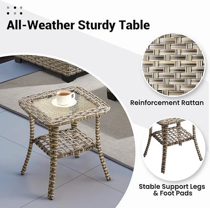 ovios Outdoor Side Table with Tempered Glass Top, Patio Wicker Rattan Bistro Coffee Tables with 2 Tiers Storage for Porch Deck Balcony Garden Poolside, Mixed Brown