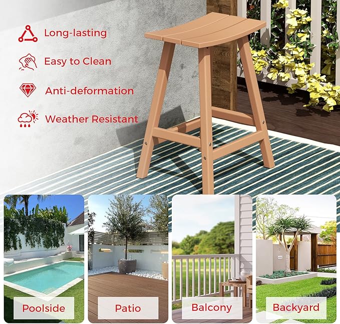 Costaelm All-Weather Bar Stools Set of 3, 24" Height Outdoor Bar Stools, Adirondack Poly Patio Bar Stool for Patio, Deck, Kitchen Counter and Garden, Teak