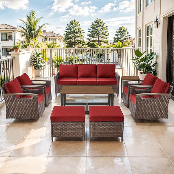 Luxury 9 Piece Heavy Duty Patio Furniture Set with Swivel Chairs - All Weather Wicker Comfort Thick Cushion Outdoor - Photo 1