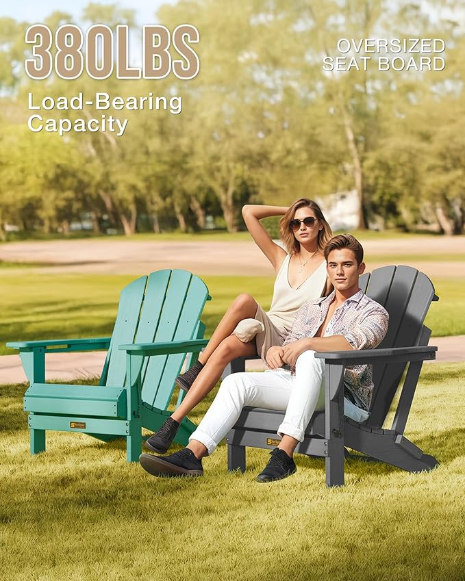 Folding Adirondack Chair, Patio Chair Wood Texture, Outdoor Chair Weather Resistant, Fire Pit Chair with Cup Holder, Composite Adirondack Chair Set of 4 (Grey)