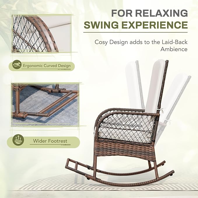 Greesum 3 Piece Outdoor Wicker Rocking Chairs Patio Furniture Set with Glass Coffee Table for Garden Backyard Porch Poolside, Beige