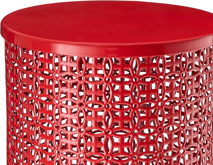 Glitzhome Outdoor Side Table Set of 2, Decorative Garden Stool for Patio Heavy Duty Metal Frame Accent Table Modern End Table, Glossy Red