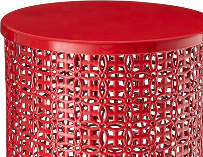 Glitzhome Outdoor Side Table Set of 2, Decorative Garden Stool for Patio Heavy Duty Metal Frame Accent Table Modern End Table, Glossy Red