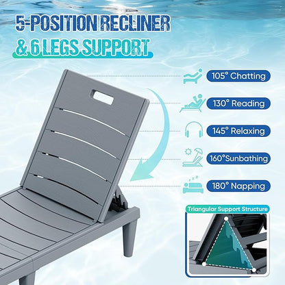 Greesum Outdoor Chaise Lounge Chair Set of 2, Waterproof 5-Position Adjustable PP Sun Loungers for Patio, Poolside, and Beach Sunbathing, Gray