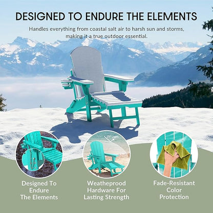 WestinTrends Malibu Folding Adjustable Adirondack Chair with Retractable Ottoman and Cup Holder, Turquoise