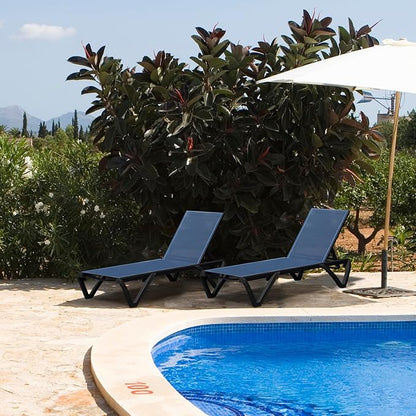 Domi Pool Lounge Chairs Set of 2, Aluminum Adjustable Outdoor Chaise Lounge with Wheels, All Weather Poolside Chairs for Deck Lawn Patio Backyard, Textilene - Navy Blue