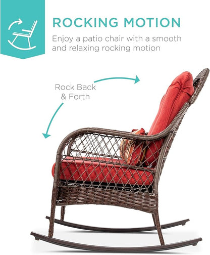 Best Choice Products Outdoor Wicker Patio Rocking Chair for Porch, Deck, Poolside w/Steel Frame, Weather-Resistant Cushions - Red