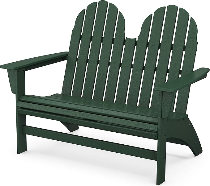 POLYWOOD Vineyard Adirondack Bench Green - 2 Person Curved Back Outdoor Garden Bench - Heavy Duty HDPE Patio Furniture - 48 Inch Wide Seating for Deck, Porch & Backyard