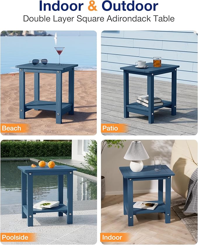 YEFU Outdoor Side Table for Patio: 16" HIPS Weather - Resistant Adirondack Tables Set of 2 - Small Square End Tables for Backyard Pool Porch Balcony - Indoor Outdoor Double Layer Table Navy Blue Blue