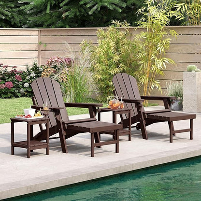 BRIOPAWS Adirondack-Chair-with-Pull-Out-Footrest | Folding | HDPE Plastic | Fire Pit Chairs | All Weather | Cup Holders | Curved Back | Retractable Ottoman | for Outdoor Deck Poolside | Dark Brown