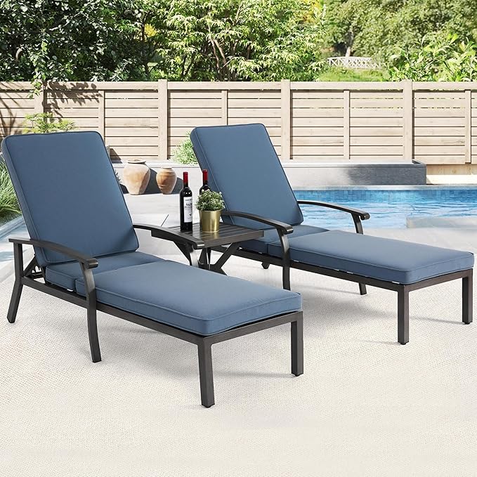HOMEFUN Outdoor Chaise Lounge Chair 3-Piece Set, Hand-Brushed Wood Grain Cast Aluminum Recliners with Side Table - Photo 1