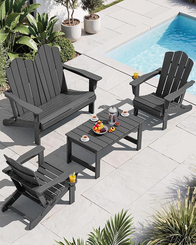 SERWALL 4 Pieces HDPE Patio Adirondack Chair Set, 2 Adirondack Chair with Cup Holder & 1 Adirondack Bench & 1 Coffee Table with Umbrella Hole, Gray