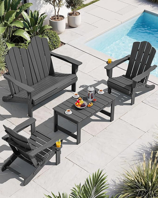 SERWALL 4 Pieces HDPE Patio Adirondack Chair Set, 2 Adirondack Chair with Cup Holder & 1 Adirondack Bench & 1 Coffee Table with Umbrella Hole, Gray