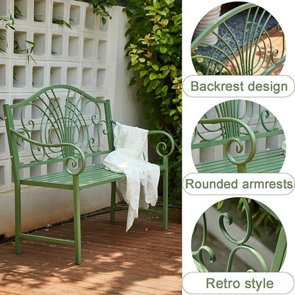 Bench Outdoor Patio Bench Garden Metal Bench with Backrest and Armrests Porch Bench for Yard Porch Balcony Poolside