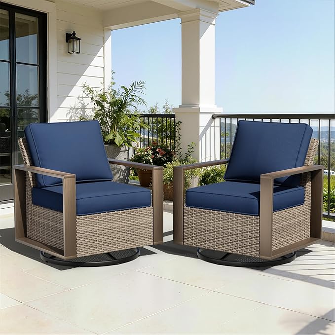 Outdoor Swivel Patio Metal Chairs Set of 2 - Porch Furniture 2 Pieces 360 Degree Glider Rockers Rattan Chairs with Washable Cushion & Metal Steel Rectangular Framed Armrest, Dark Blue