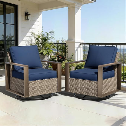 Outdoor Swivel Patio Metal Chairs Set of 2 - Porch Furniture 2 Pieces 360 Degree Glider Rockers Rattan Chairs with Washable Cushion & Metal Steel Rectangular Framed Armrest, Dark Blue
