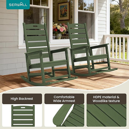 SERWALL Outdoor Rocking Chair Set of 4, Oversized HDPE Patio Rocking Chair with Footrest for Adults, All Weather Porch Rocker for Deck Patio Balcony, Avocado Green
