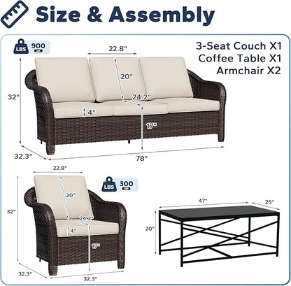 4 Pieces Patio Outdoor Conversation Furniture Set, 78" 3-Seat Couch, 2 Chairs, 47" Metal Coffee Table, Rattan Wicker Sofa with Washable Cushions for Garden, Deck (Beige)