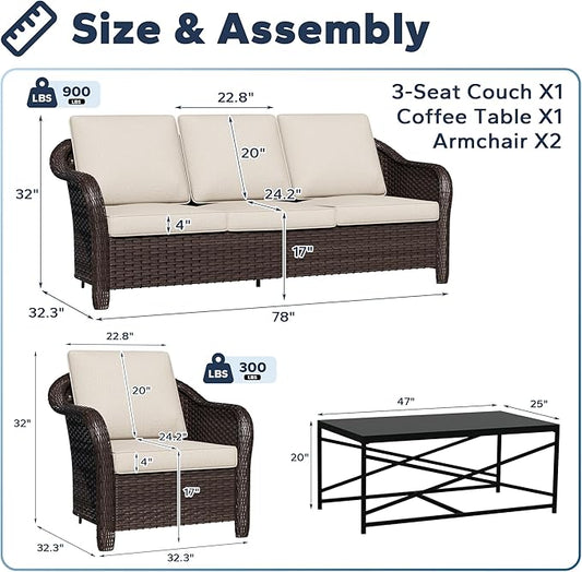 4 Pieces Patio Outdoor Conversation Furniture Set, 78" 3-Seat Couch, 2 Chairs, 47" Metal Coffee Table, Rattan Wicker Sofa with Washable Cushions for Garden, Deck (Beige)