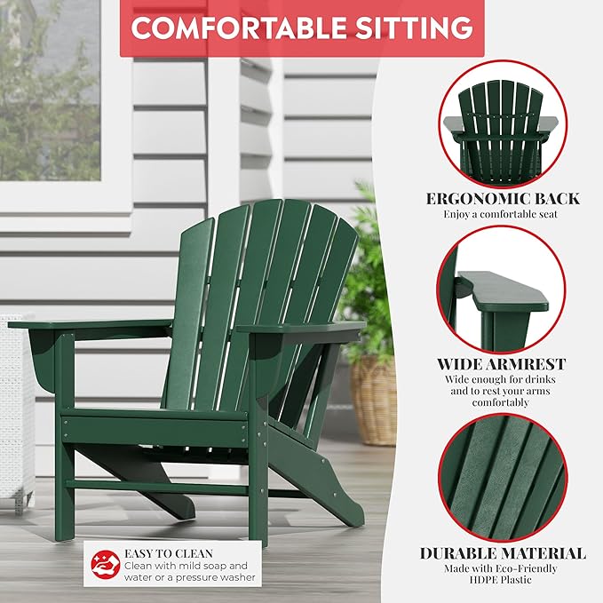Costaelm Outdoor Adirondack Chair, HDPE Patio Chair, Weather Resistant Lawn Firepit Outside Chairs for Porch, Poolside, Garden, Backyard Deck, Dark Green