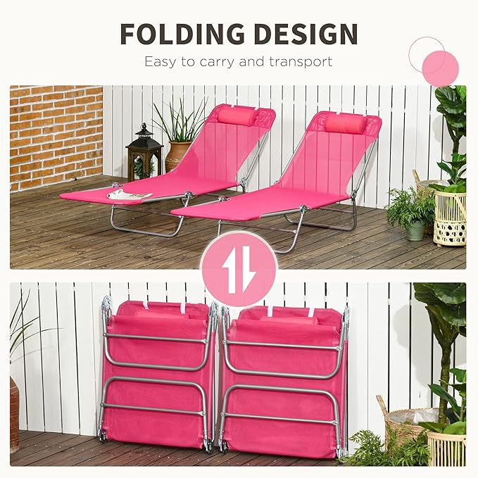 Outsunny 2 Piece Folding Chaise Lounge Chairs, Pool Sun Tanning Chairs with Reclining Back, Breathable Mesh Seat - Photo 5