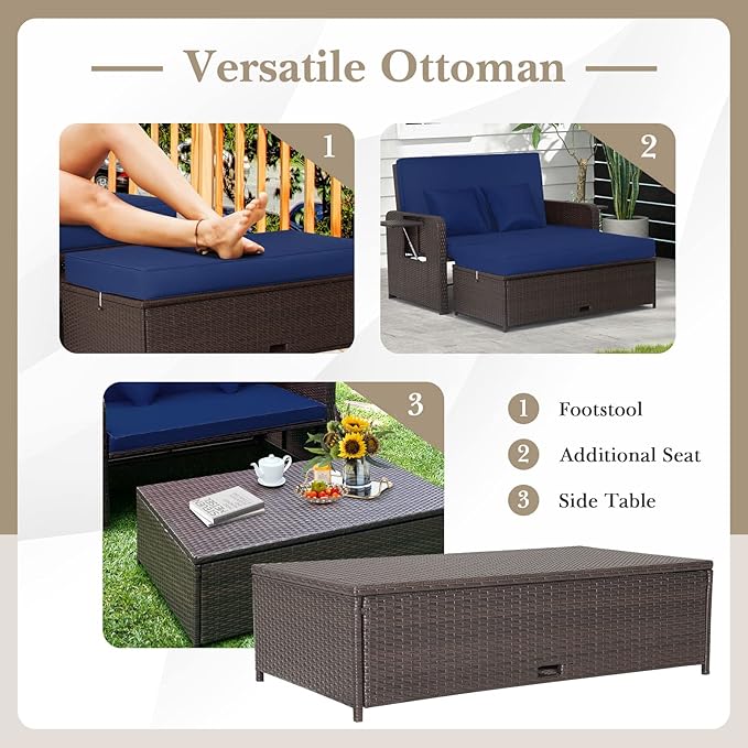 COSTWAY Patio Rattan Daybed with Cushions, Outdoor Wicker Loveseat Sofa with Storage Ottoman - Photo 6