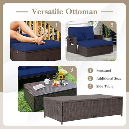COSTWAY Patio Rattan Daybed with Cushions, Outdoor Wicker Loveseat Sofa with Storage Ottoman, 4-Level Adjustable Backrest, Bed Lounger for Yard, Balcony, Porch, Garden, Pool, Navy