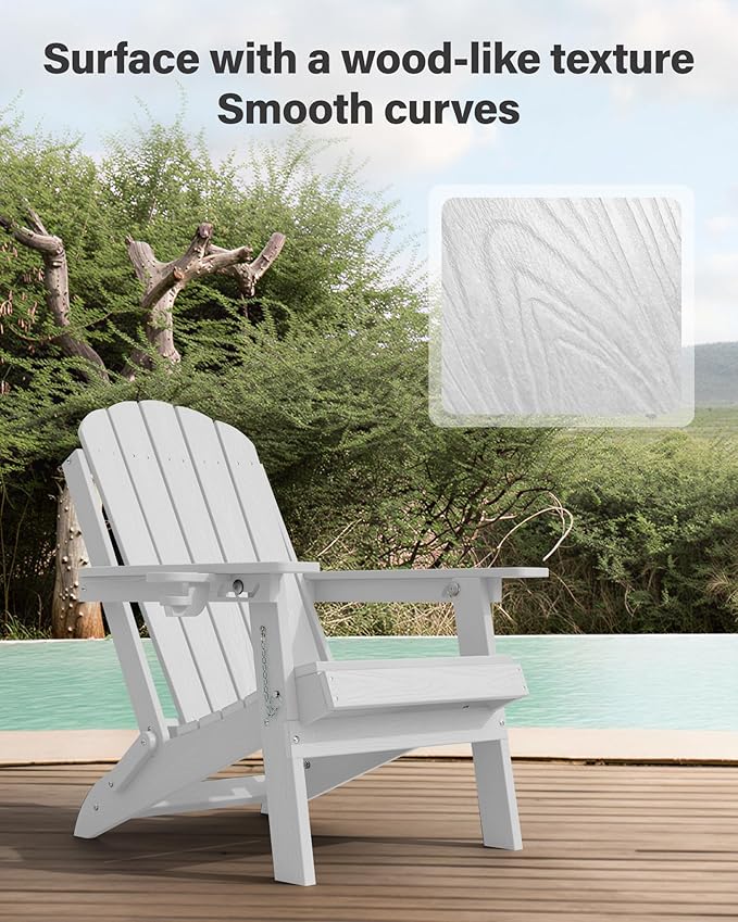 YEFU Folding Adirondack Chair for Outdoor: Plastic Foldable Fire Pit Chair with Cup Holder & Adjustable Backrest - Sturdy All-Weather HDPE for Outside Patio Poolside - Easy Assembly