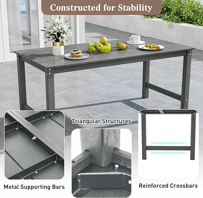 Tangkula 3 Pieces Outdoor HDPE Dining Table Set with 2 Benches, Weather Resistant Patio Furniture Set with 1.77” Umbrella Hole and Wood-Like Surface for Garden, Backyard and Poolside (Gray, 3 Pcs)