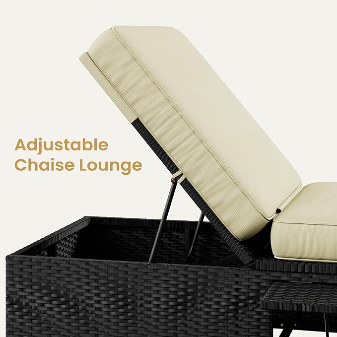 Yaheetech Outdoor PE Wicker Chaise Lounge Chair, Patio Black Rattan Reclining Chair with Adjustable Backrest and Folding Table, Outdoor Recliners for Patio Beach Pool Backyard