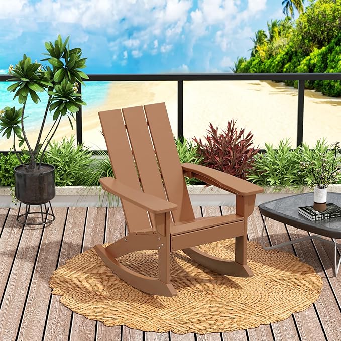 Costaelm Outdoor Adirondack Chair, All Weather Resistant Lawn Chairs Balcony Chair and Fire Pit Chairs, Patio Chair Outdoor Porch Rocking Chair High Back HDPE Poly Lumber, Teak