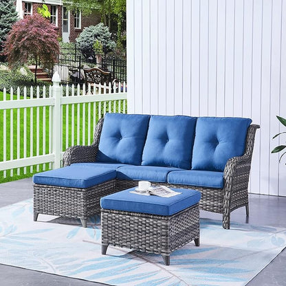 HUMMUH Outdoor Furniture 6 Pieces Patio Furniture Set Wicker Outdoor Sectional Sofa with 2 Patio Chairs,Ottomans,Coffee Table(Grey/Blue)