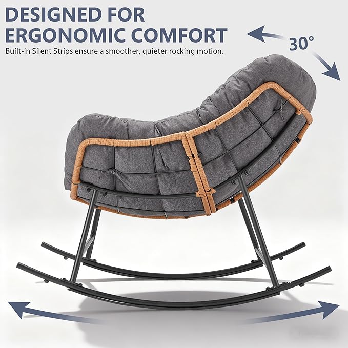 Outdoor Rocking Chair, Oversized Papasan Reading Chair Indoor with Thick Cushion, Comfy Rattan Rocker Egg Chair for Patio, Garden, Balcony, Lawn, Backyard, Bedroom, up to 450lbs, Dark Gray
