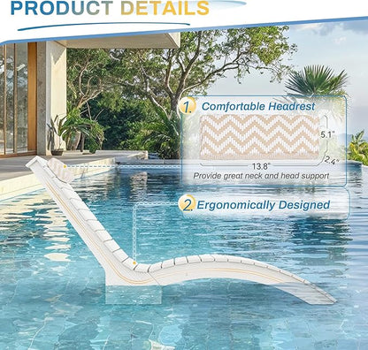 Pool Lounge Chairs Outdoor Set of 4，HDPS Long Pool Chairs for in Pools, Weighted All Weather Tanning Chair with Headrest，Chaise Lounge for Outside Beach Patio Sun Bathing Hotel, White