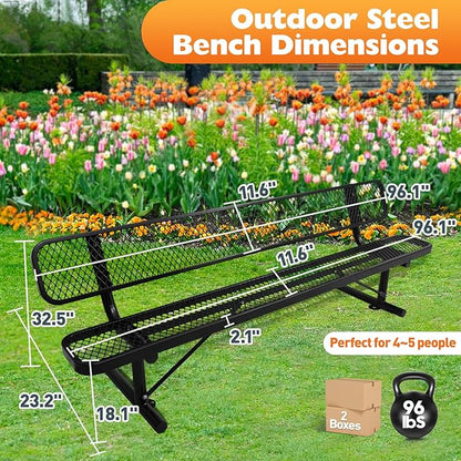8Ft Outdoor Bench with Back Portable Frame, Outdoor Steel Park Bench with Backrest, Expanded Metal Mesh Bench for Outside, Lawn, Backyard, Park, Deck, Garden, Patio, Porch, Black