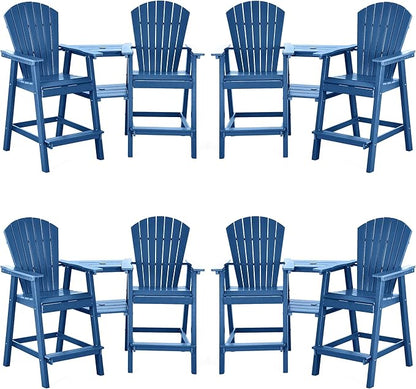 Tall Adirondack Chairs Set of 8, HDPE Balcony Chair with Double Connecting Tray, Weather Resistant Outdoor Adirondack Bar Stools for Patio, Deck, Patio, Backyard, Balcony. (Navy Blue)