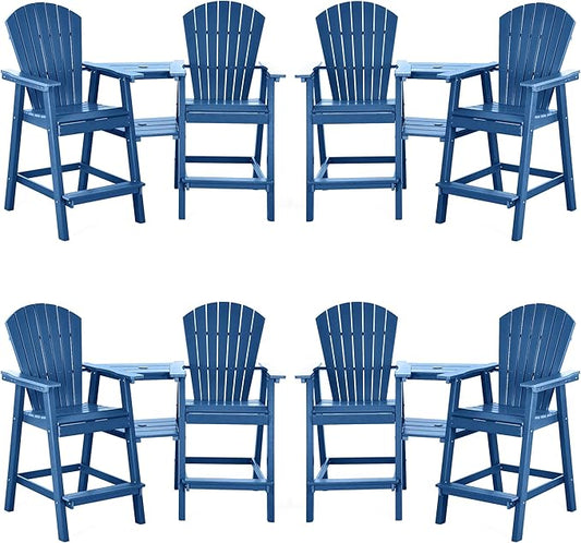 Tall Adirondack Chairs Set of 8, HDPE Balcony Chair with Double Connecting Tray, Weather Resistant Outdoor Adirondack Bar Stools for Patio, Deck, Patio, Backyard, Balcony. (Navy Blue)
