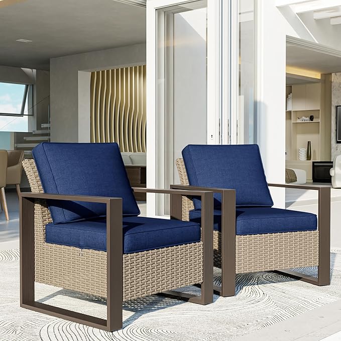 Patio Chairs Set of 2, Outdoor Wicker Chair Metal Patio Furniture with Deep Seating, Thicken Cushions for Deck, Porch, Yard Use (Blue, 2 PCS/Chairs)