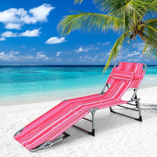 COSTWAY Folding Beach Lounge Chair, Tanning Chair with Face Hole, 5-Position Adjustable Backrest, Pillow & Side Pocket, Foldable Chaise Lounge Chair Outdoor for Sunbathing, Camping (1, Pink+White)