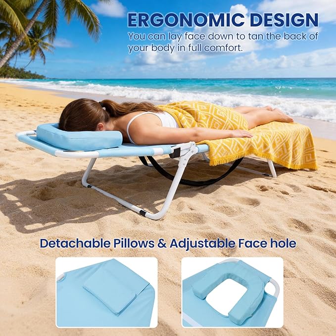 LILYPELLE Folding Chaise Lounge Chair with Mattress, 5 Position Beach Chair with Face Hole, Patio Chaise Lounge Chairs for Outside, Sunbathing, Camping, Pool, Beach, Poolside